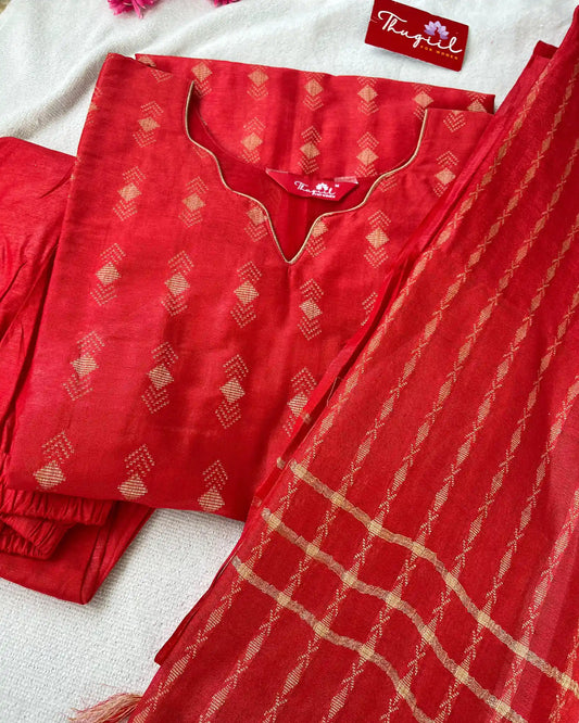 T026 Red katan silk kurta set