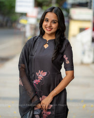 T321 Black Blossom Kurta Set (Top-Dupatta)
