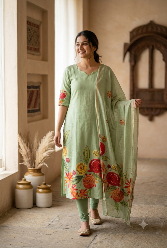 T486 Suhana (Green) - Kurta Set (Top-Dupatta)