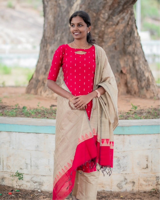 T042 Red Lady Slub Silk Kurta Set