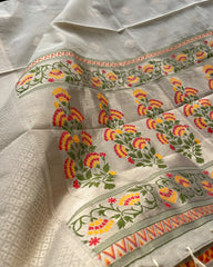 T093 Beige Banaras Cotton Kurta Set (Top-Dupatta )