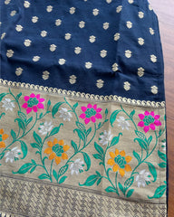 T099 Midnight Blue Banaras Cotton Kurta Set (Top-Dupatta)