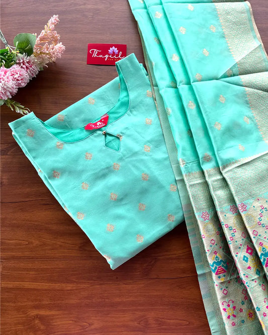 T199 Turquoise Banaras ArtSilk Kurta Set (Top-Dupatta)