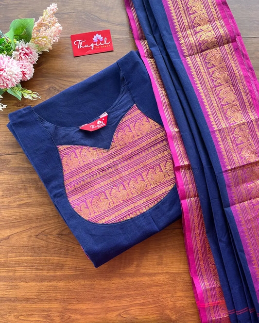 T218 Blue Purple Chettinad Cotton Kurta Set (Top - Dupatta)