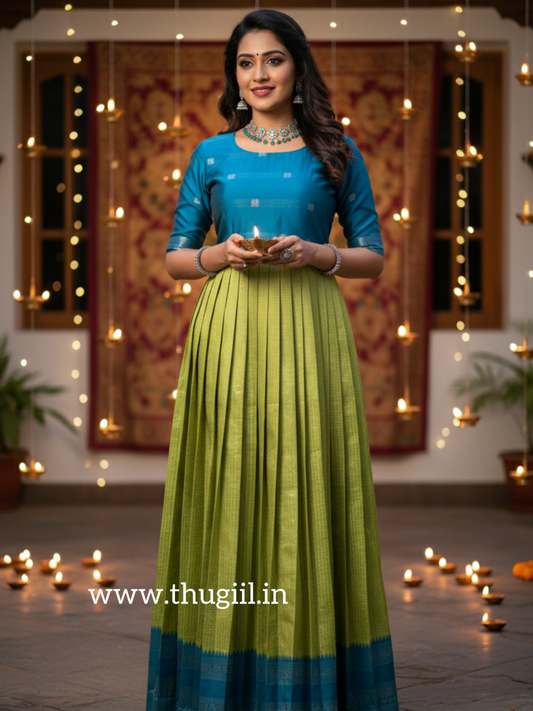 T097 Green - Blue Pleated Maxi