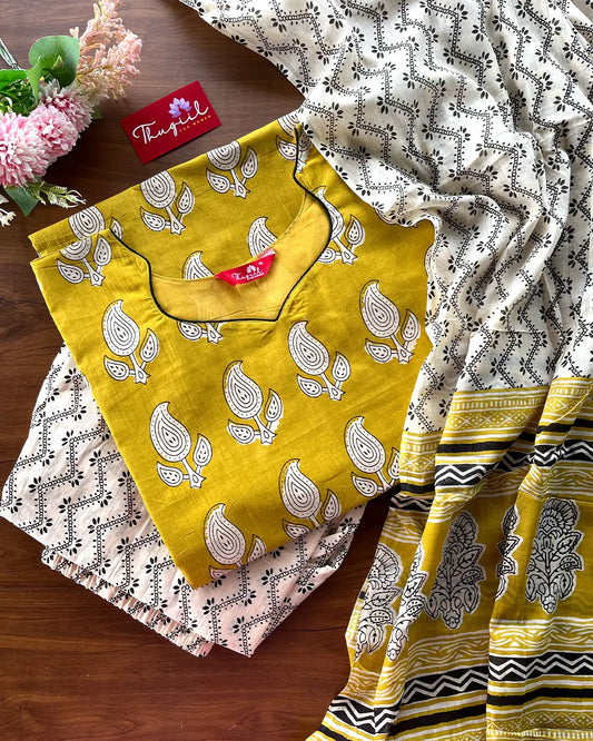 T198 Mustard Handblock printed Cotton Kurta Set