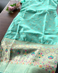 T199 Turquoise Banaras ArtSilk Kurta Set (Top-Dupatta)