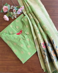 T120 Green Cotton Banaras Kurta Set (Top-Dupatta)