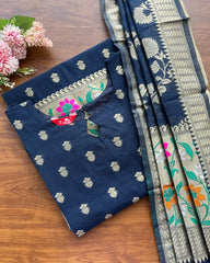 T099 Midnight Blue Banaras Cotton Kurta Set (Top-Dupatta)