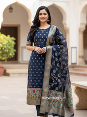 T099 Midnight Blue Banaras Cotton Kurta Set (Top-Dupatta)