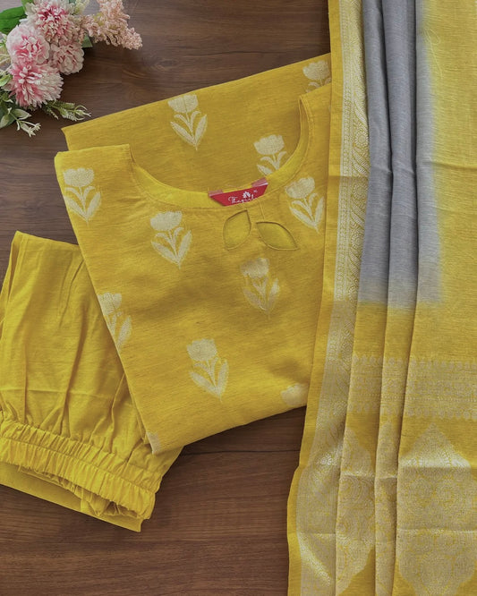 T104 Yellow-Grey Pure Linen Kurta Set (Pre order 15-20 days)