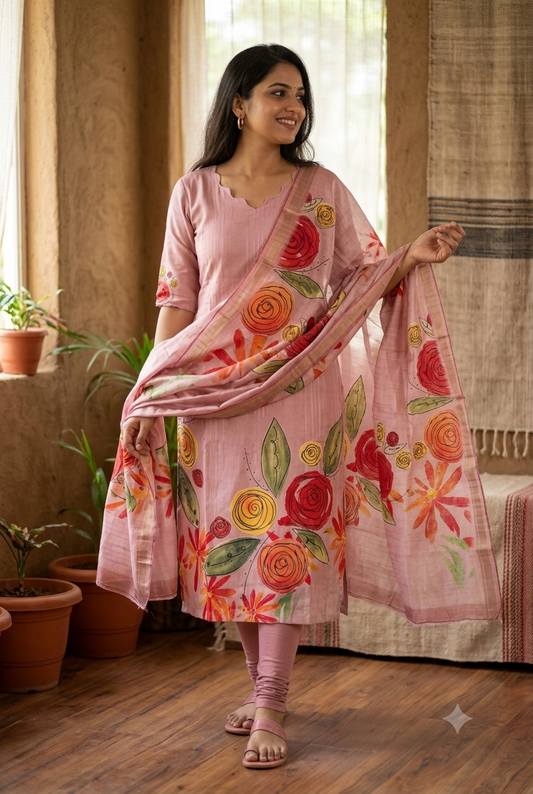 T487 Suhana (Pink) - Kurta Set (Top-Dupatta)