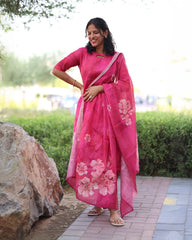 T037 Pink linen kurta set 3 pc
