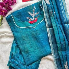 T053 Peacock linen kurta set