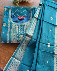 T185 Peacock Cotton Banaras Kurta Set (Top-Dupatta)