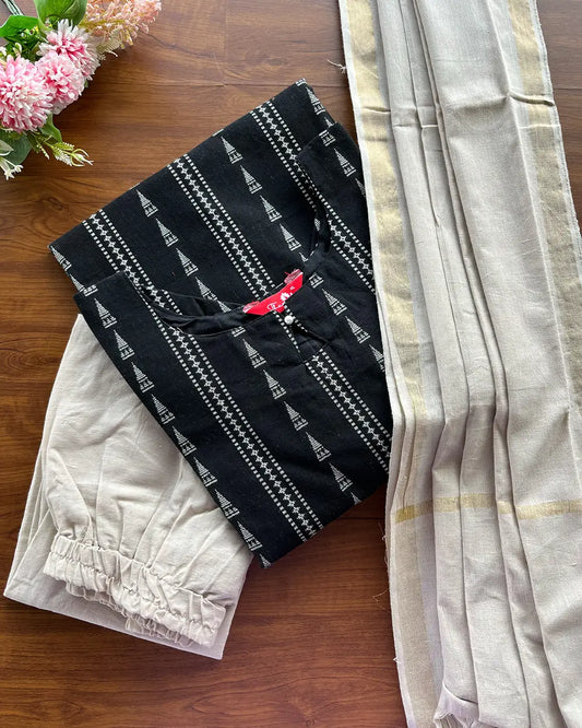 T176 Black Mist Handloom Cotton Kurta Set