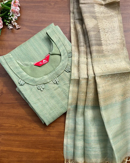 T217 Pista Green Kota Banaras Kurta Set (Top - Dupatta)