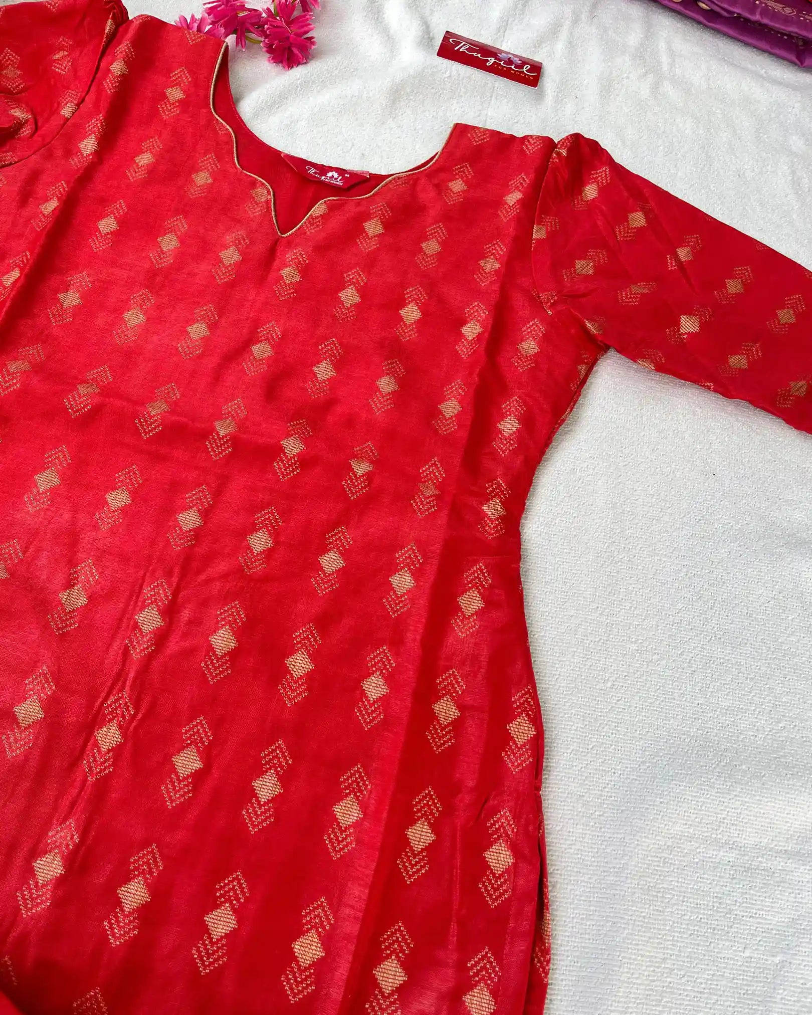 T026 Red katan silk kurta set