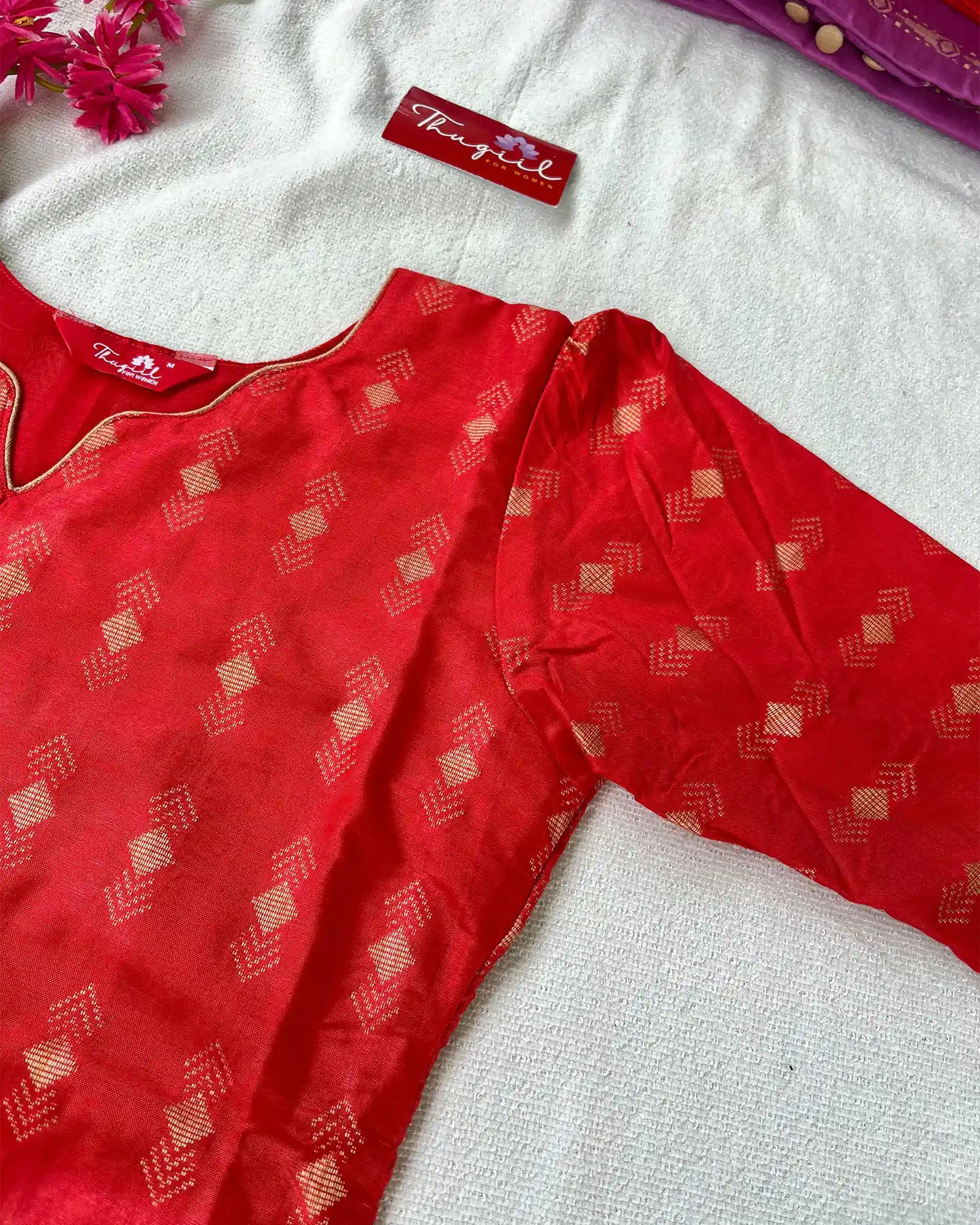 T026 Red katan silk kurta set