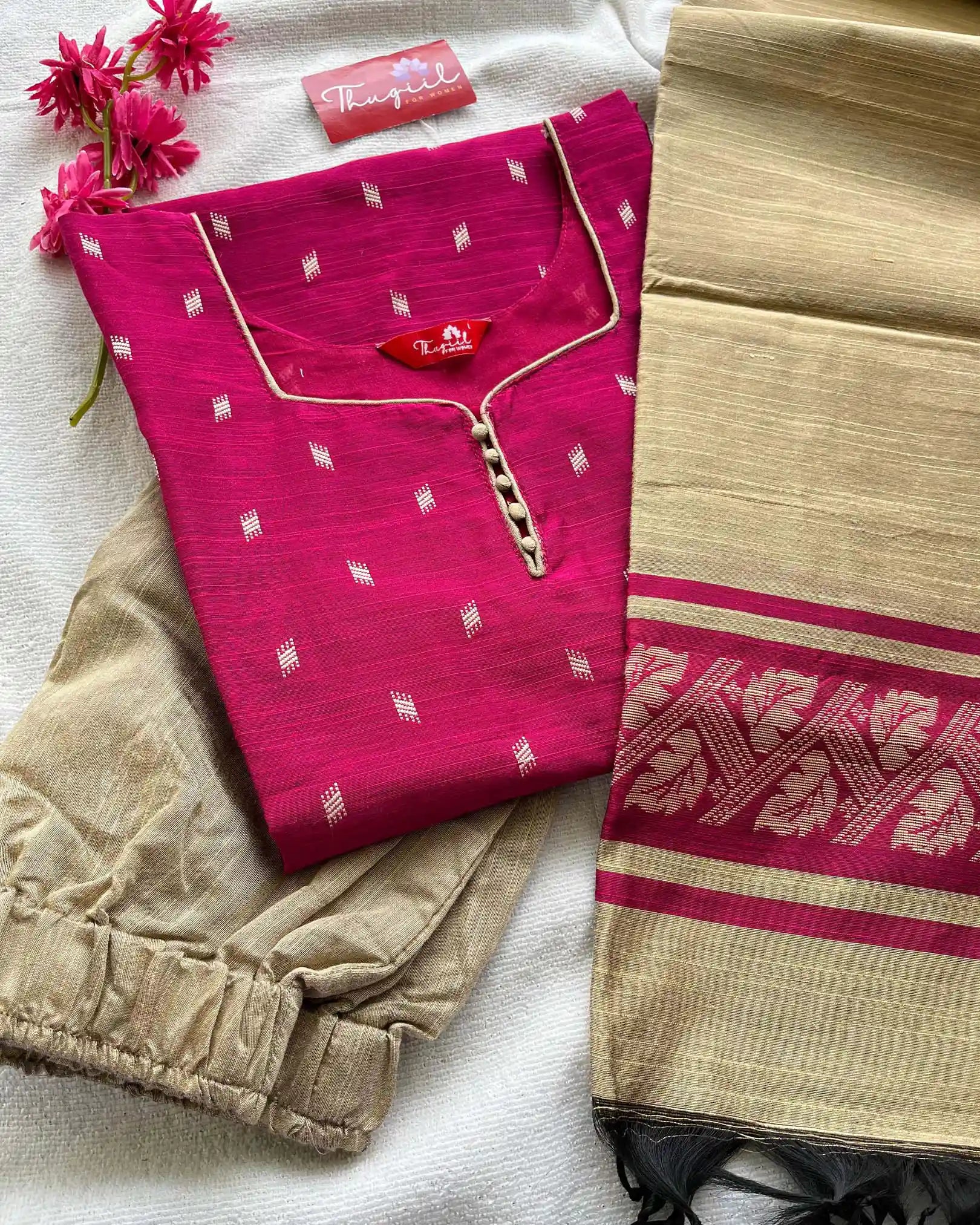 T018 Pink Slub Silk Kurta Set