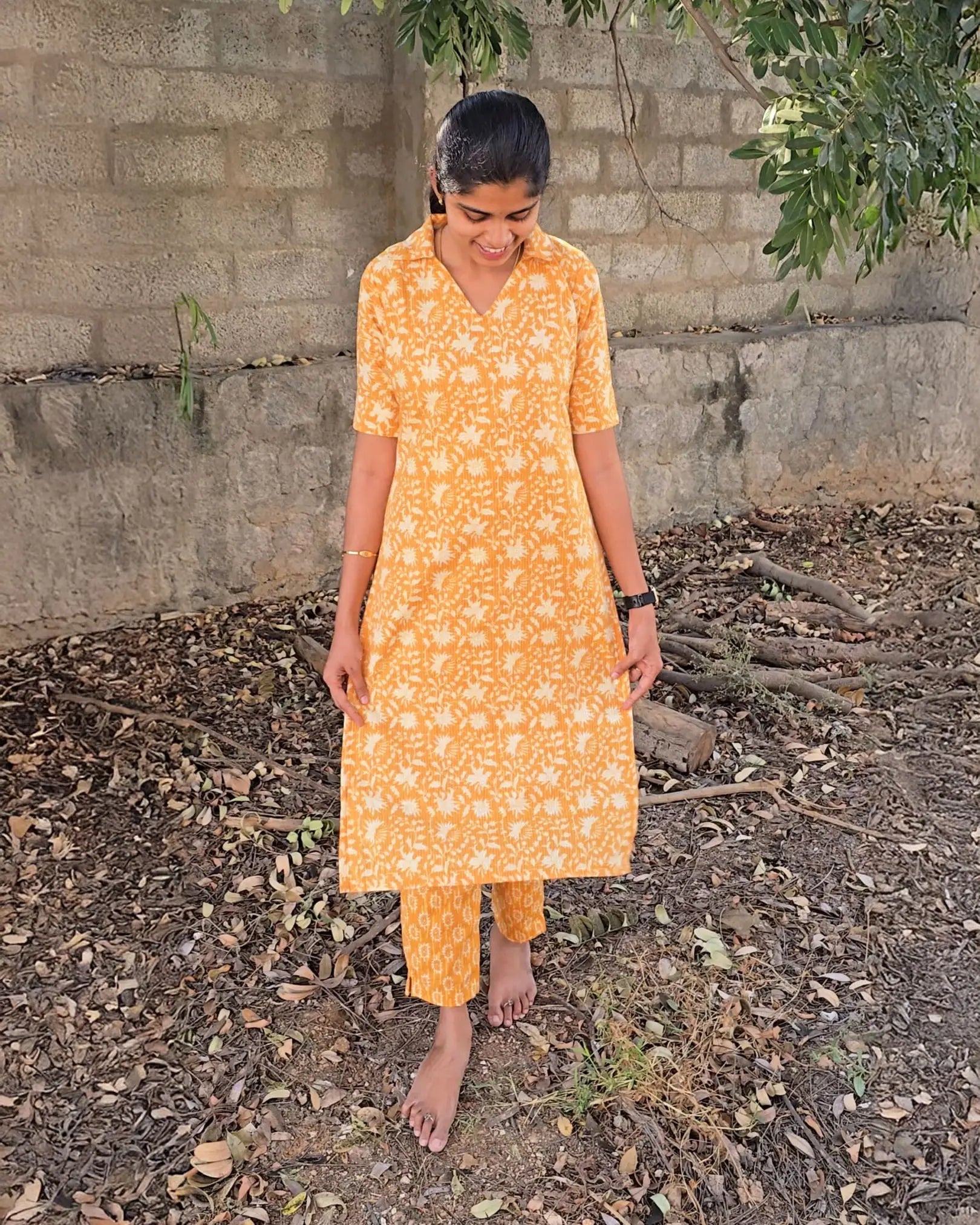 T013 Mustard yellow cotton kurta set