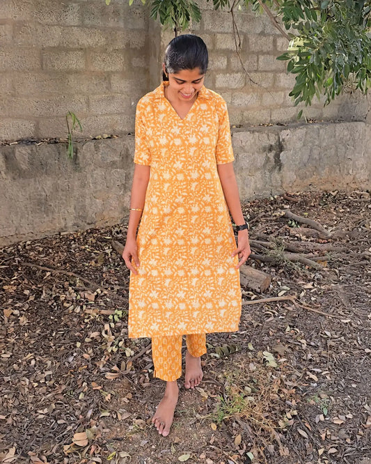 T013 Mustard yellow cotton kurta set