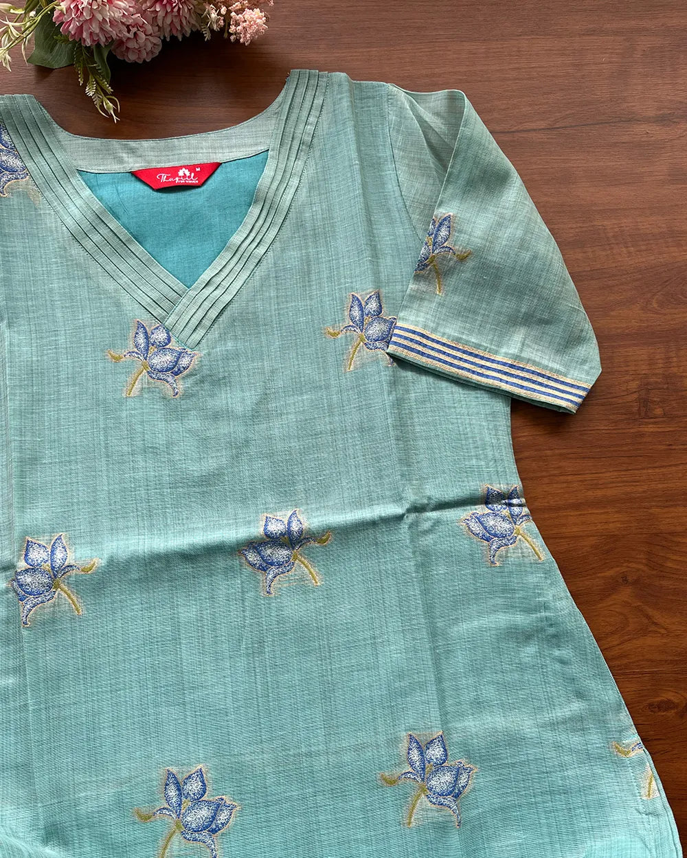 T259 Aqua Petals Kurta Set (Top-Dupatta)