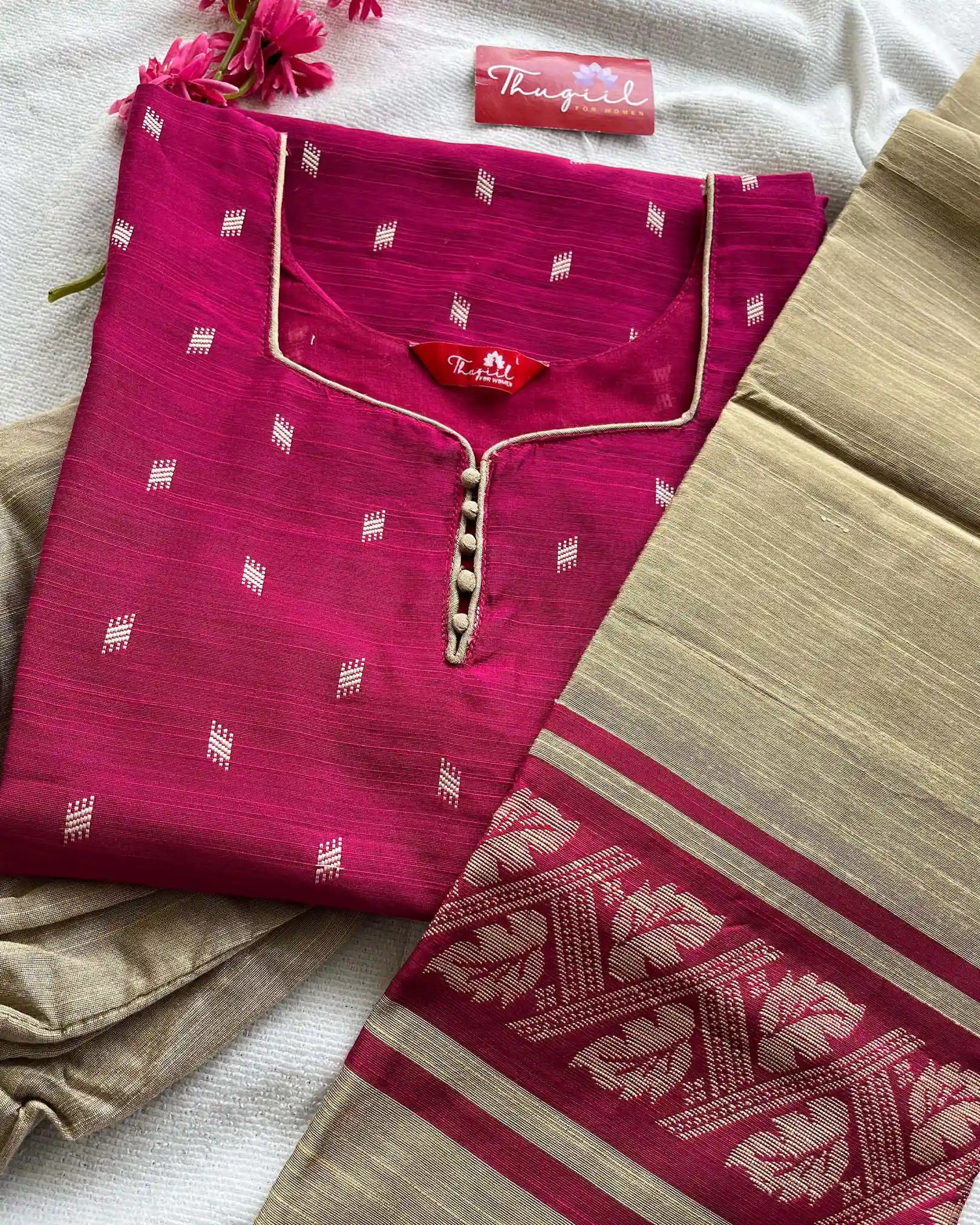 T018 Pink Slub Silk Kurta Set