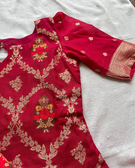 T024 Rani pink banarasi cotton kurta set (Pre order 10-15 days)