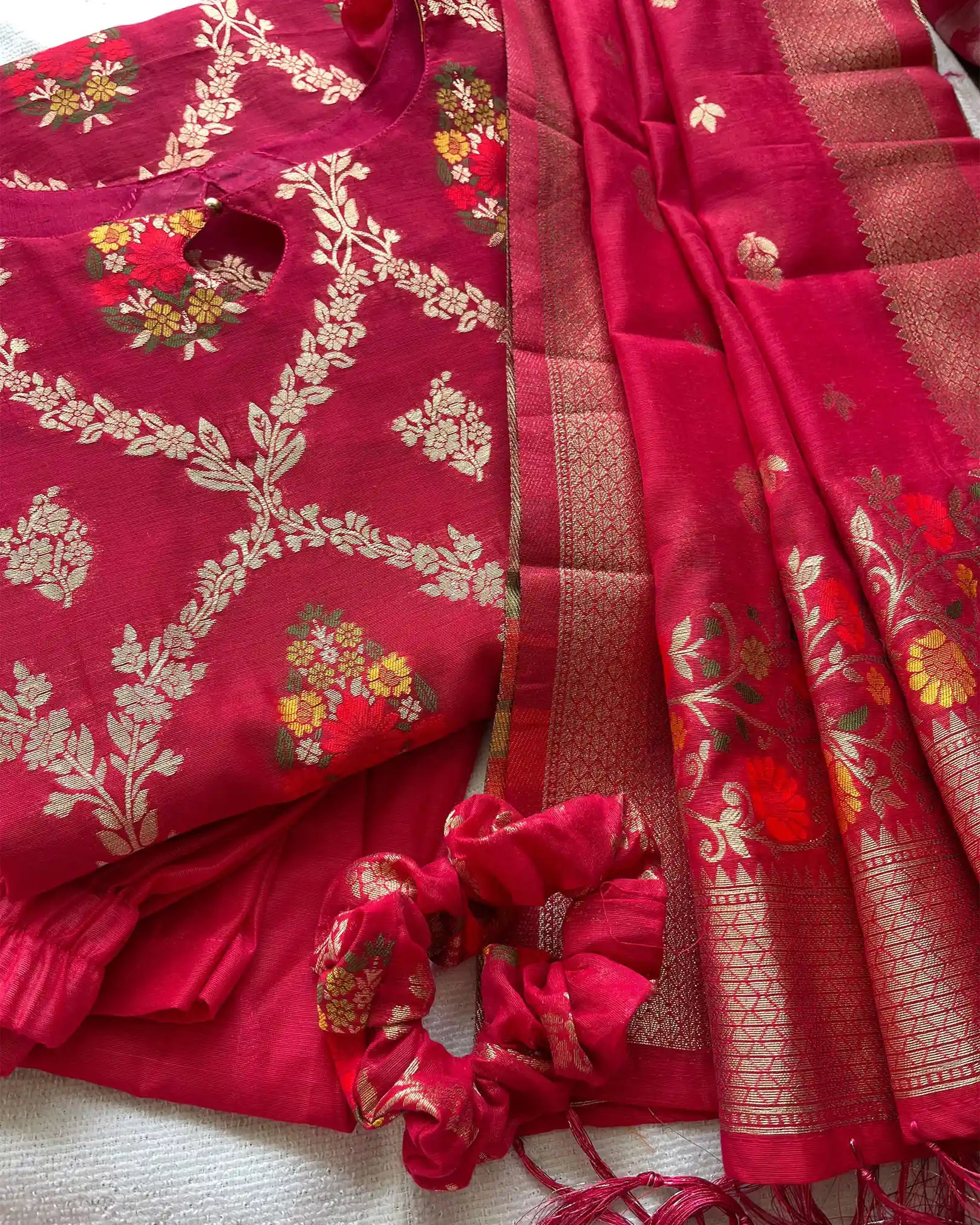 T024 Rani pink banarasi cotton kurta set (Pre order 10-15 days)