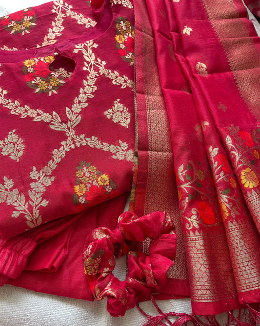 T024 Rani pink banarasi cotton kurta set (Pre order 10-15 days)