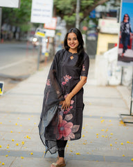 T321 Black Blossom Kurta Set (Top-Dupatta)