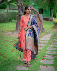 T087 Luxe - Peach Bloom Silk Kurta Set