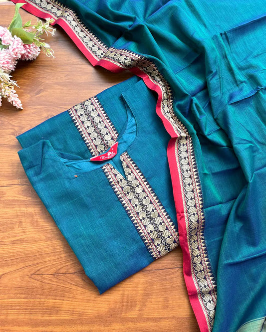 T247 Handloom Cotton Kurta Set (Top - Dupatta)