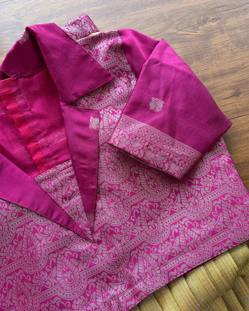 T098 Mustard - Pink Pleated Silk Maxi