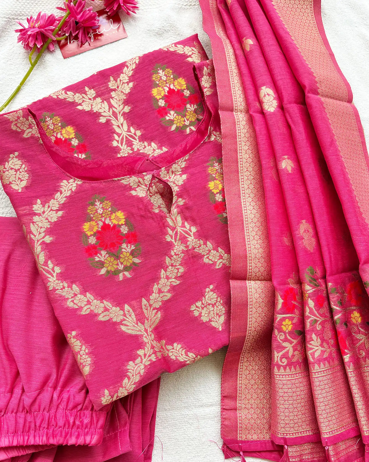 T050 Hot Pink Banaras Cotton Kurta Set (Pre Order 10-15 days)