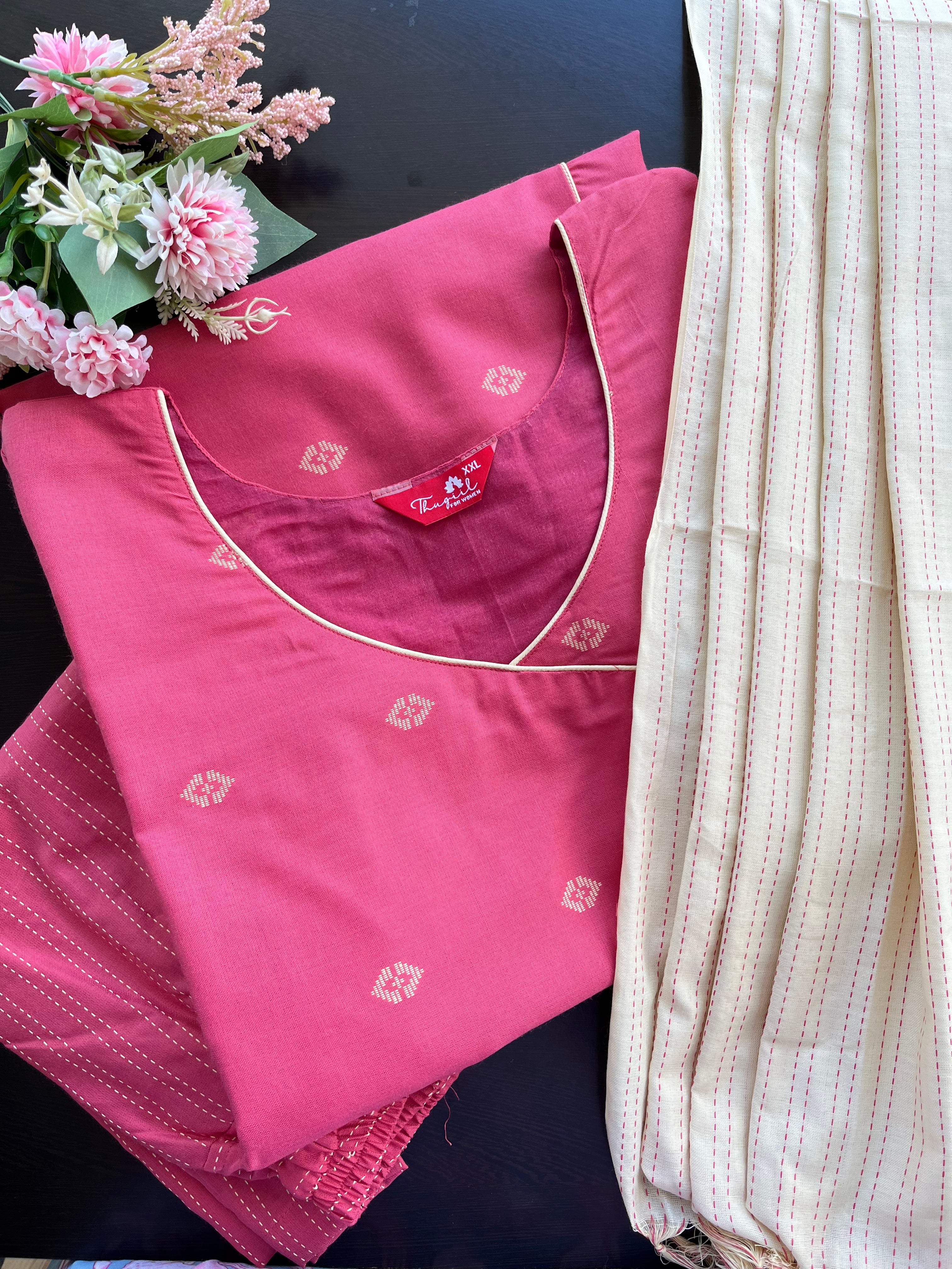 T068 2 in 1 Peach Handloom Soft Cotton Kurta Set