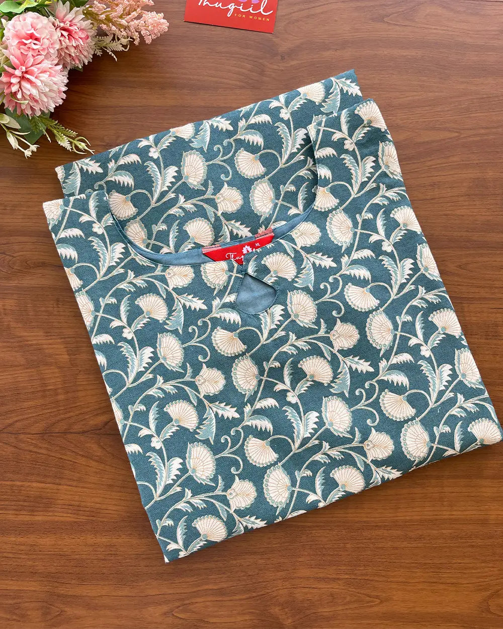 T159 Teal Floral Cotton Kurta