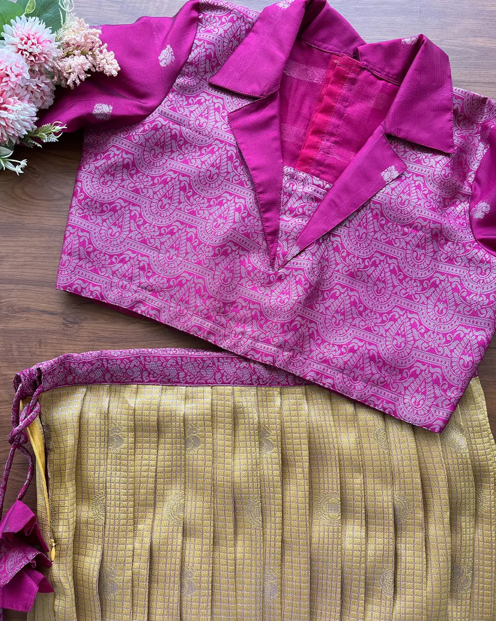 T098 Mustard - Pink Pleated Silk Maxi