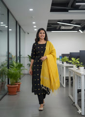 T177 Black Gold Pure Handloom Cotton Kurta Set