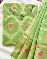 T044 Parrot Green Silk Kurta Set (Kurta-Dupatta)
