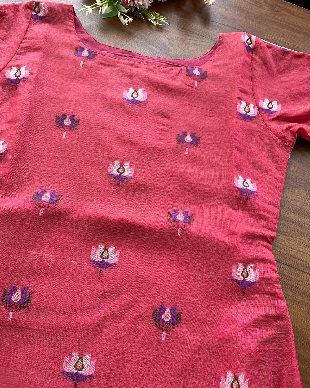 T095 PinkRed Lotus Kurta Set (Top-Dupatta)