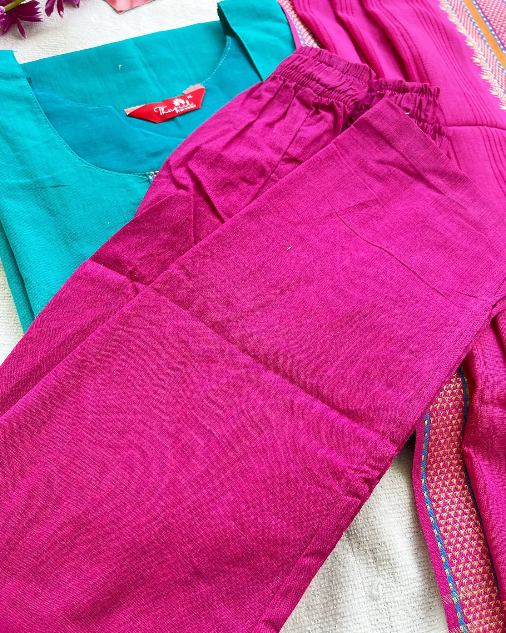 T073 Blue Pink Mangalgiri Cotton Kurta Set