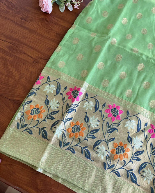 T120 Green Cotton Banaras Kurta Set (Top-Dupatta)