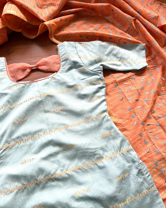T206 Luxe IceBlue - Orange Silk Kurta Set