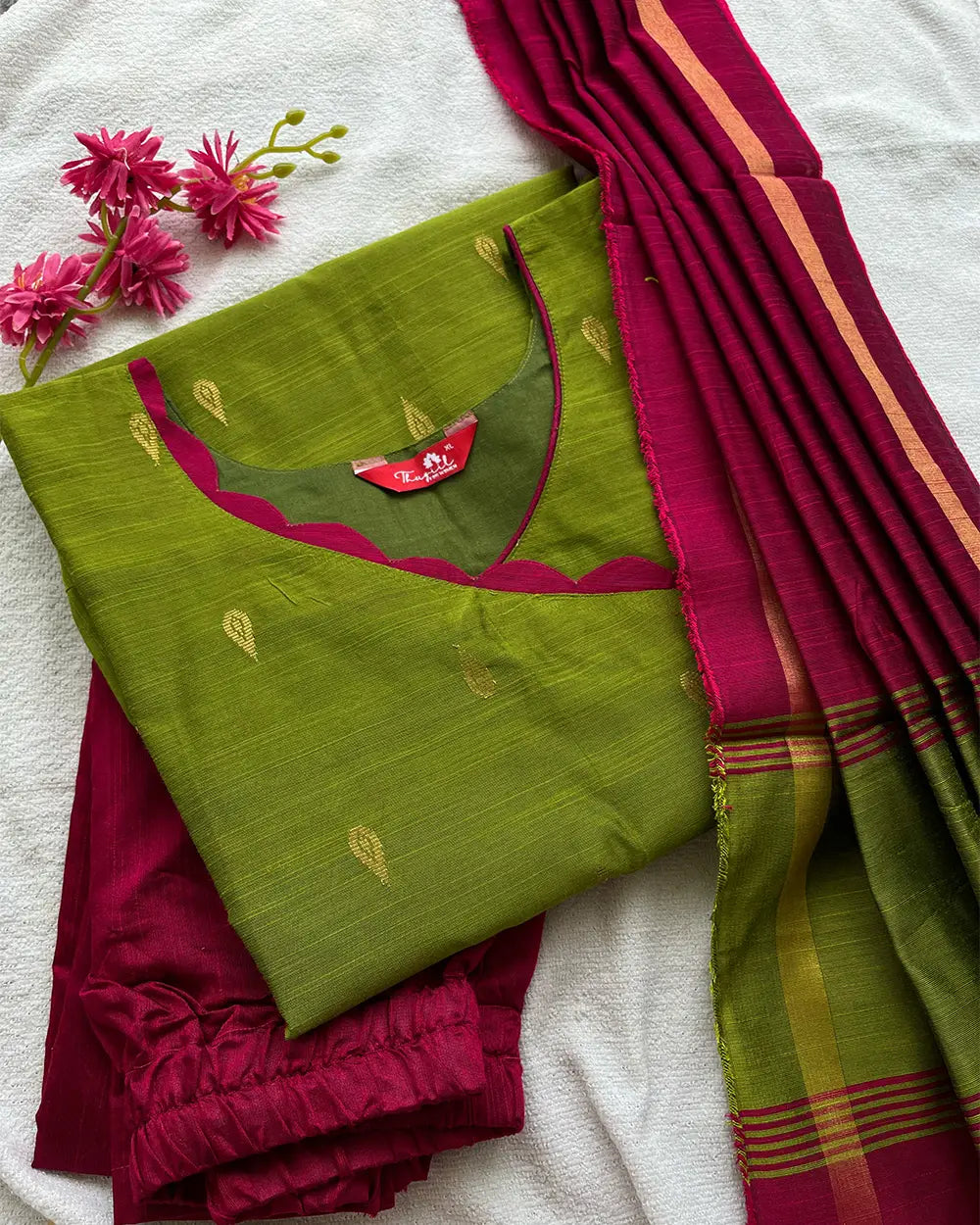 T059 Green Slub Silk Kurta Set