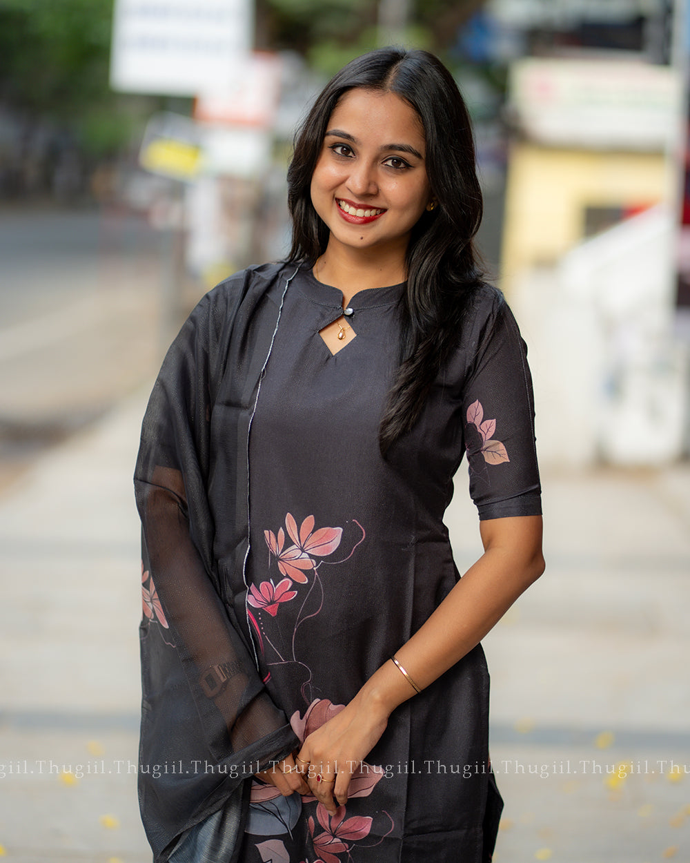 T321 Black Blossom Kurta Set (Top-Dupatta)