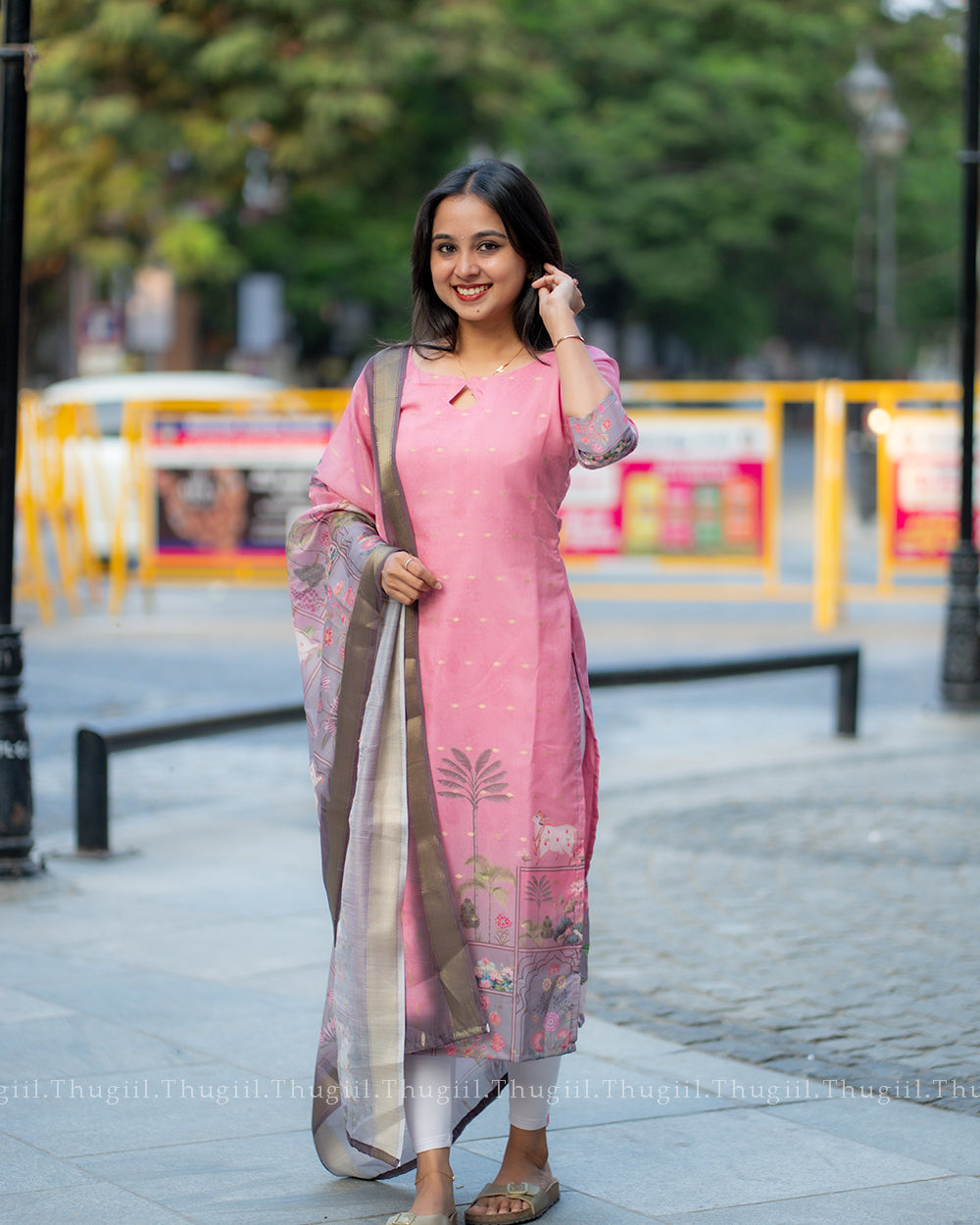 T323  Pinky Pichwai Kurta Set (Top-Dupatta)