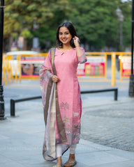 T323  Pinky Pichwai Kurta Set (Top-Dupatta)