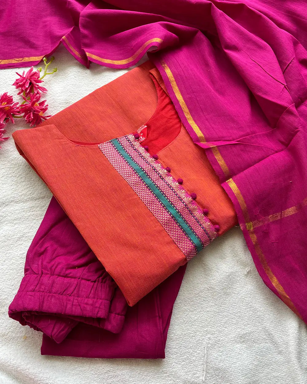 T056 Orange Pink South Cotton Kurta Set